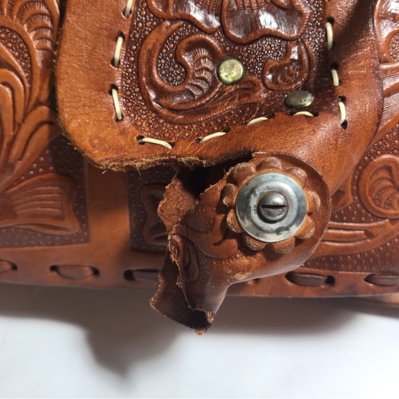 Vintage Rare Tan Stamped Hand Tooled Embossed Leather Saddle Top Shoulder Bag - Picture 6 of 16